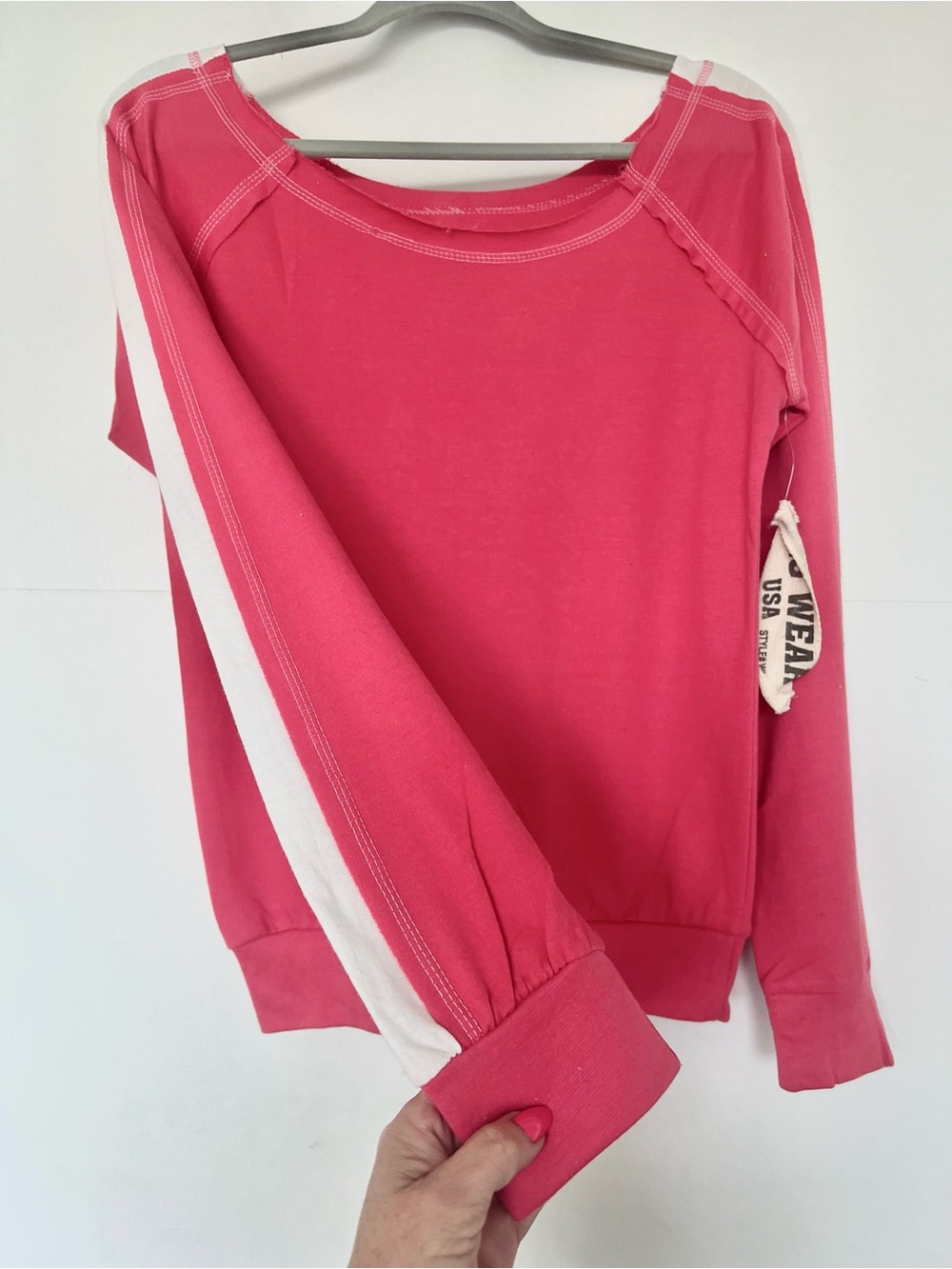 Rag Wear USA NWT Pink White Cropped Crewneck Sweatshirt M WN987 Y2K - Picture 3 of 7